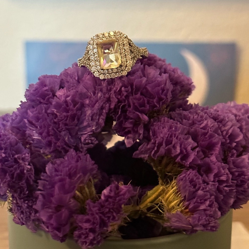 Silver Halo Ring with Rectangular Center Stone - Purple Accent